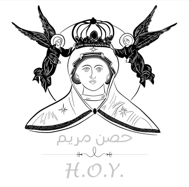 الشعار الرسمي لحركة حصن مريم: السيدة العذراء يتوّجها ملاكان